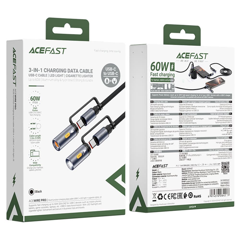 Acefast Data Cable J4 Multifunkční Rychlonabíjecí Type-C LED Světlo Type-C Černý - náhled 5