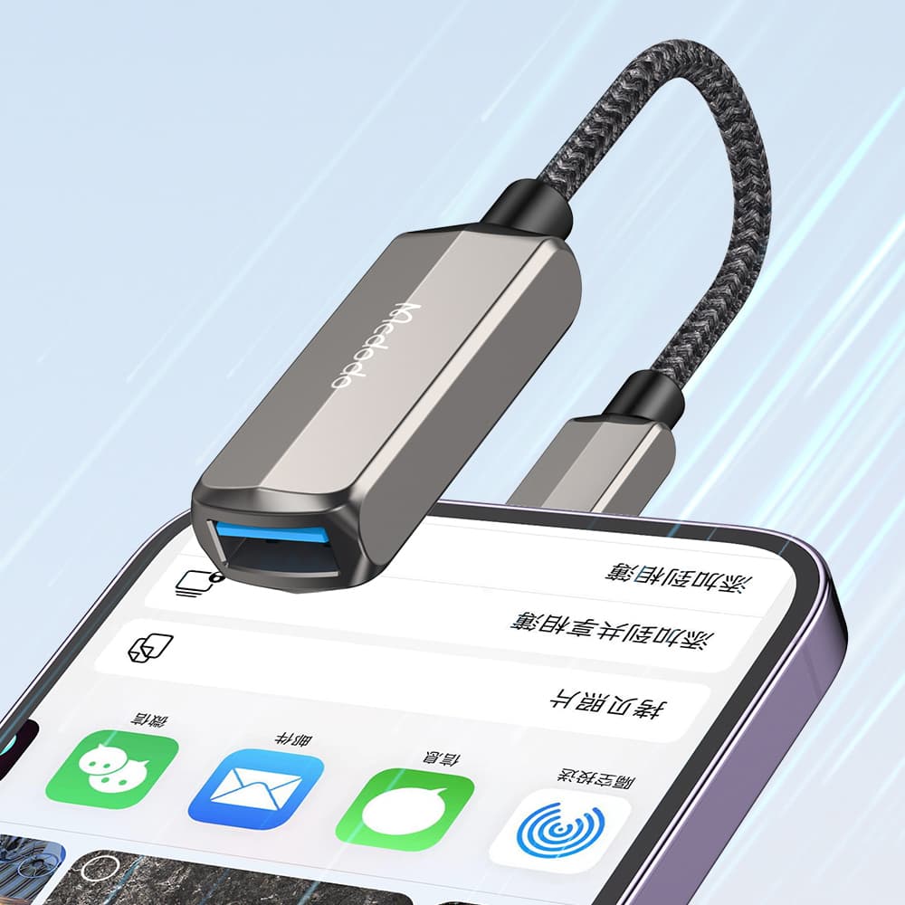 Mcdodo – OTG adaptér (CA-2690) – Lightning na USB, Lightning, hliníková slitina, nylon, 2,4 A – tmavě šedá - náhled 5