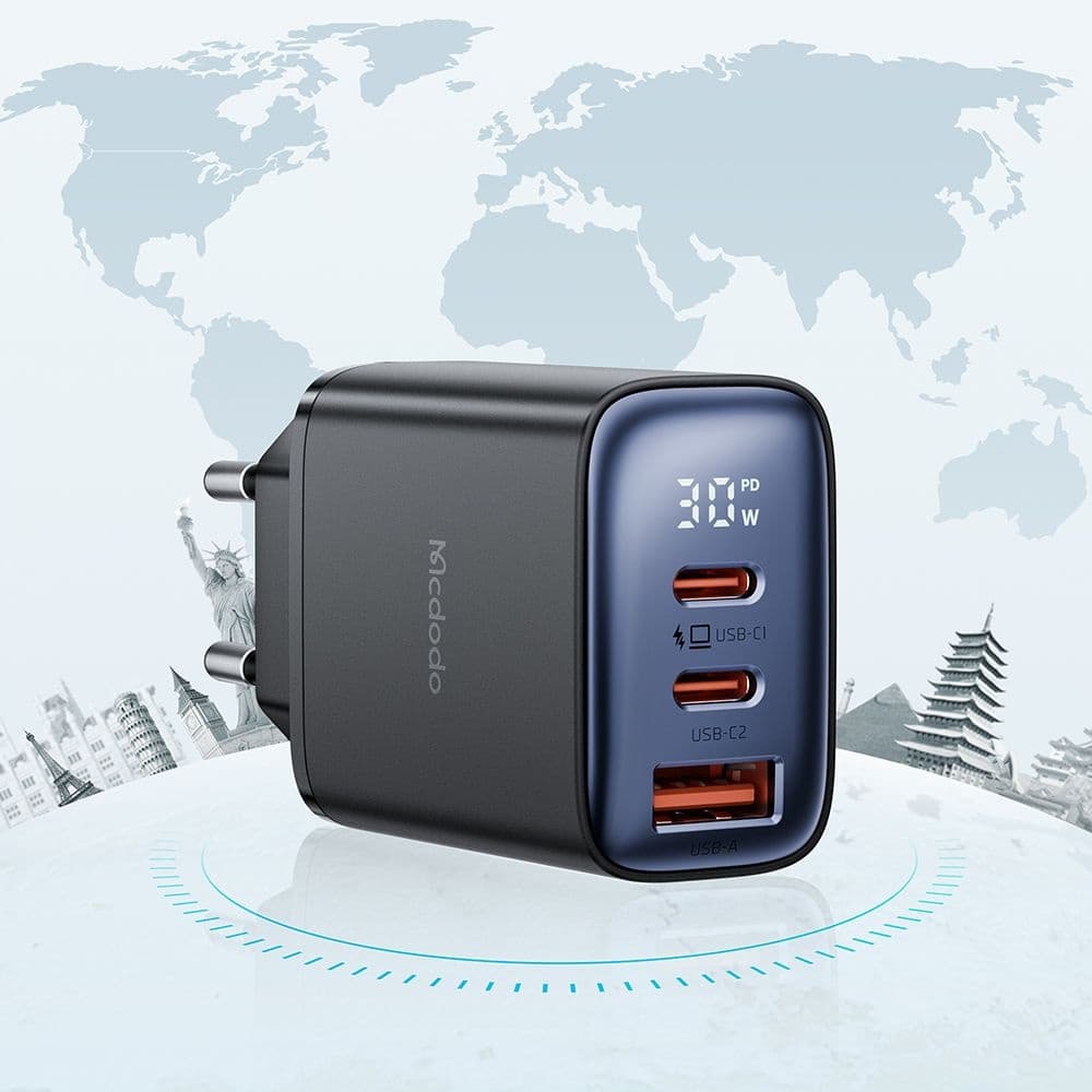 Mcdodo - nástěnná nabíječka (CH-2180) - 2x USB-C, 1x USB-A, 30W, rychlonabíječka, digitální displej - černá - náhled 5