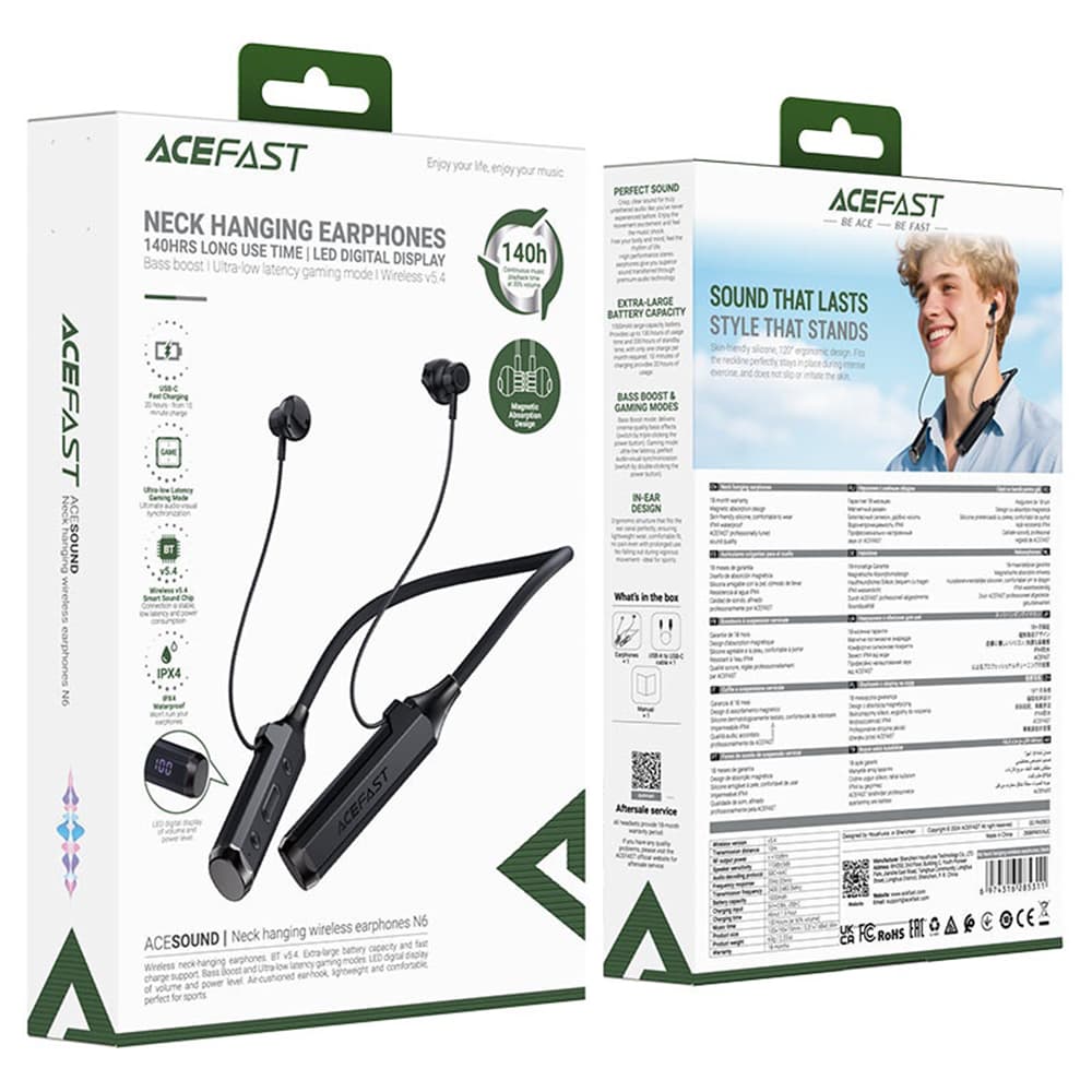 Acefast - Bluetooth sluchátka (N6) - pro sport, za hlavu, s nákrčníkem, Bluetooth 5.4, IPX4, slot na TF kartu, 1000mAh - černá - náhled 5