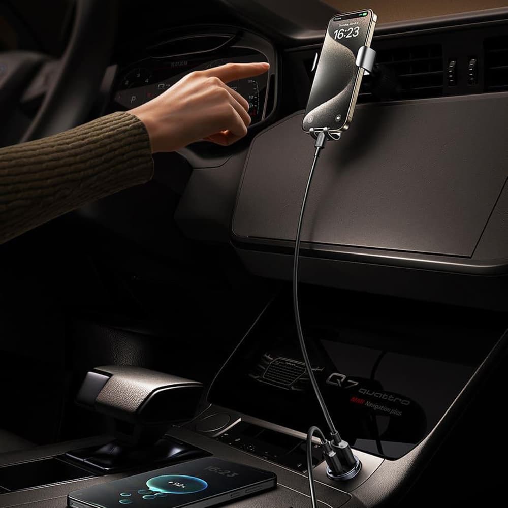 Baseus Car Charger Tiny Star Mini 2x Type-C 30W s vestavěným úchytem černý - náhled 5