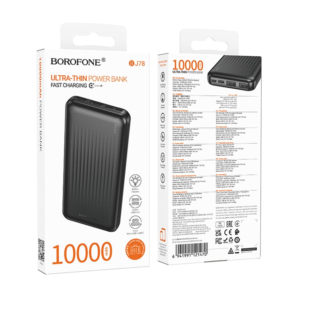 Borofone Power Bank Clever Series BJ78 2x USB USB-C Micro-USB LED indikátor Rychlé nabíjení 10000mAh černá - náhled 5