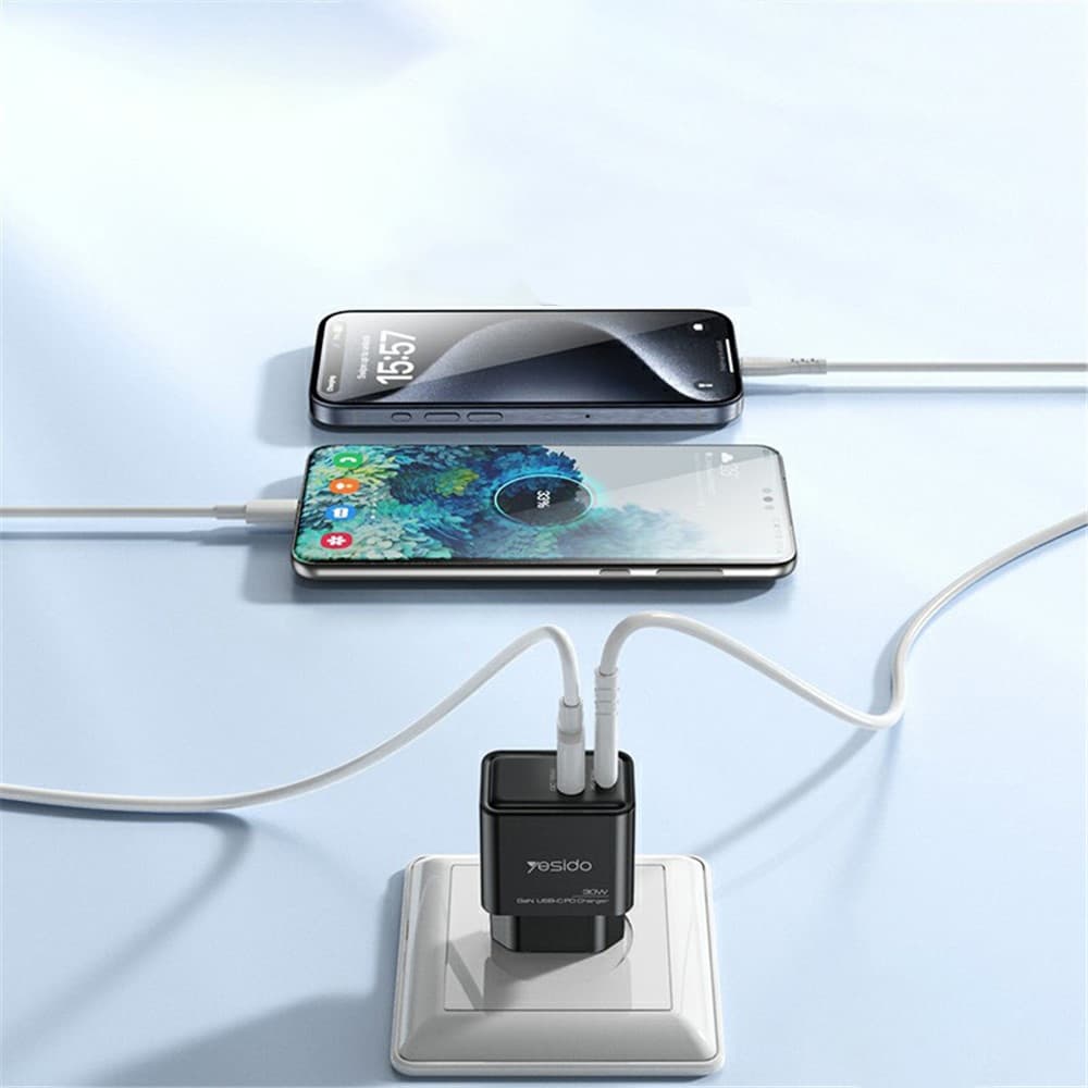 Yesido Wall Charger YC64 Duální Port Type-C + USB-A Rychlé Nabíjení GaN PD30W Černá - náhled 5