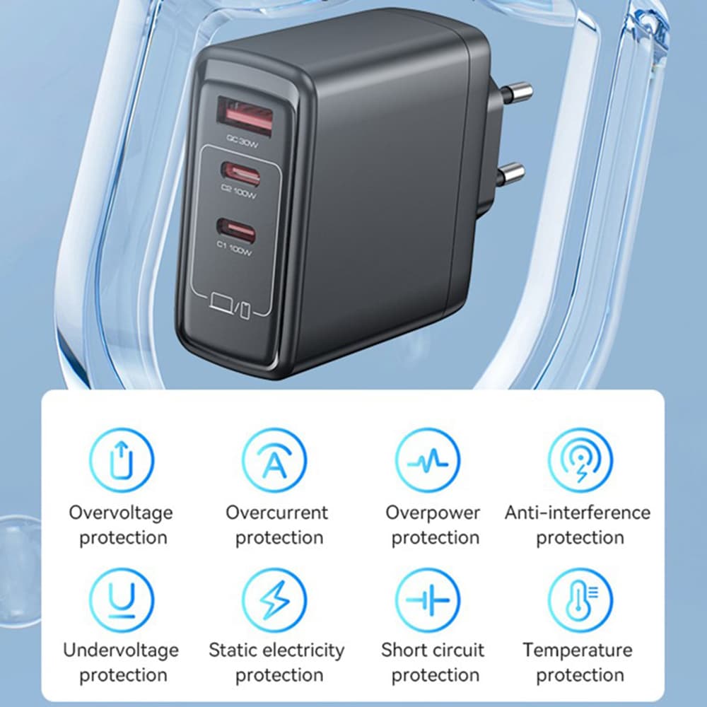 Yesido Wall Charger YC142 GaN rychlonabíječka 3v1 pro telefon notebook tablet USB 2x Type-C 100W černá - náhled 5