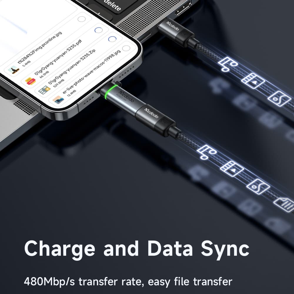 Mcdodo - adaptér s automatickým vypnutím (OT-2590) - USB-C na Lightning, 36W, 3A, 480Mbps, čip E-Mark, rychlé nabíjení, poutko - černý - náhled 5