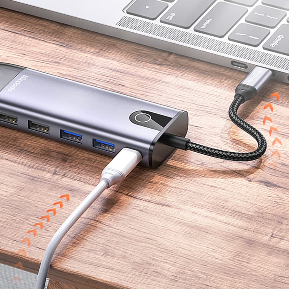 Mcdodo – rozbočovač (HU-7420) – 10v1, 2x USB2.0, 2x USB3.0, USB-C PD100W, VGA, HDMI 4K, LAN, slot SD/TF, 5Gbps, kabel Type-C – šedá - náhled 5