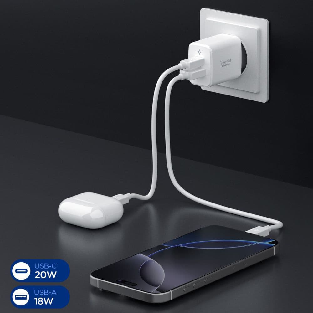 Spigen – nástěnná nabíječka Essential (EE202EU) – USB, Type-C, rychlé nabíjení, Quantum Boost, 20W – bílá - náhled 5