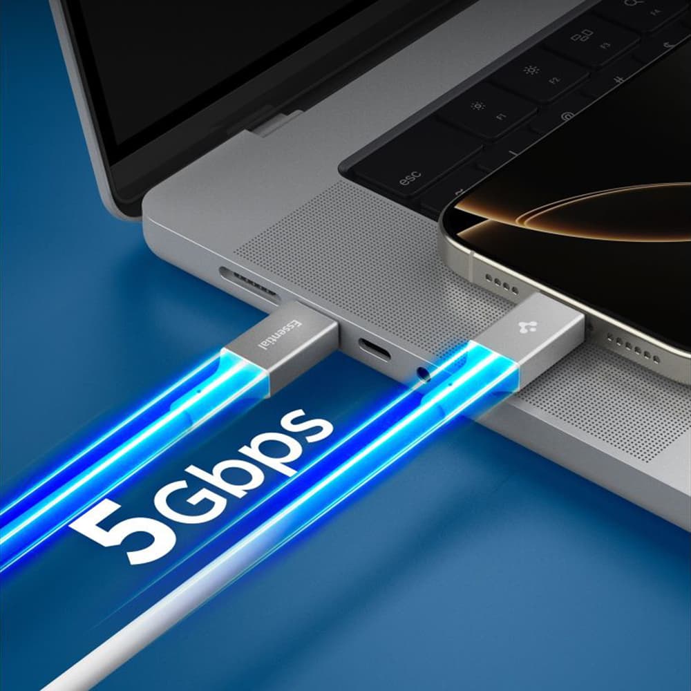 Spigen – datový kabel Essential (EB10020CC) – rychlonabíjení, Type-C na Type-C, 100W, 5Gbps, čip E-Marker, 2m – bílý - náhled 5