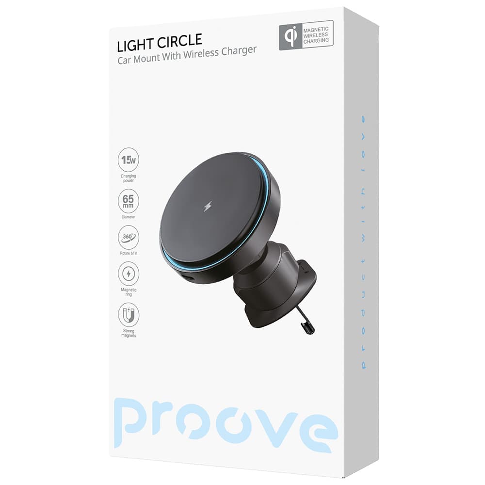 Proove - držák do auta s bezdrátovým nabíjením světelný kruh (WHLC15010001) - MagSafe, do mřížky ventilace, 360°, 15W, modrá LED - černá - náhled 5
