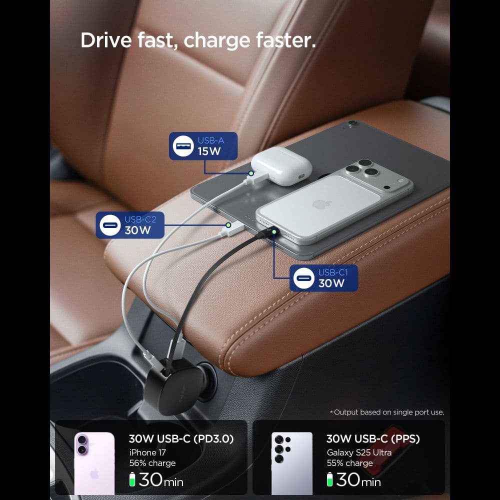 Nabíječka do auta Spigen - Car Charger Essential EV603BT (ACP10515) - 3in1, USB, 2x Type-C, Built-in Retractable Cable, Fast Charging, 60W, 72cm Černá - náhled 5