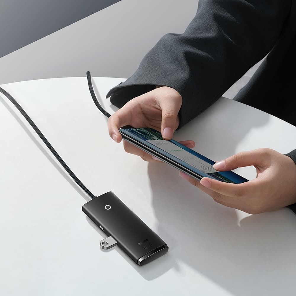 Baseus – adaptér rozbočovač řady Lite (WKQX030401) – USB-C na 4x USB 3.0, Type-C, 1m – černý - náhled 5