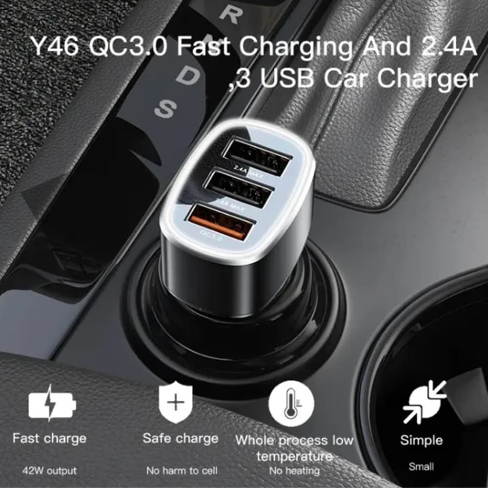 Yesido Nabíječka do auta Y46 3x USB 2.4A QC3.0 Fast Charging 42W Black - náhled 5