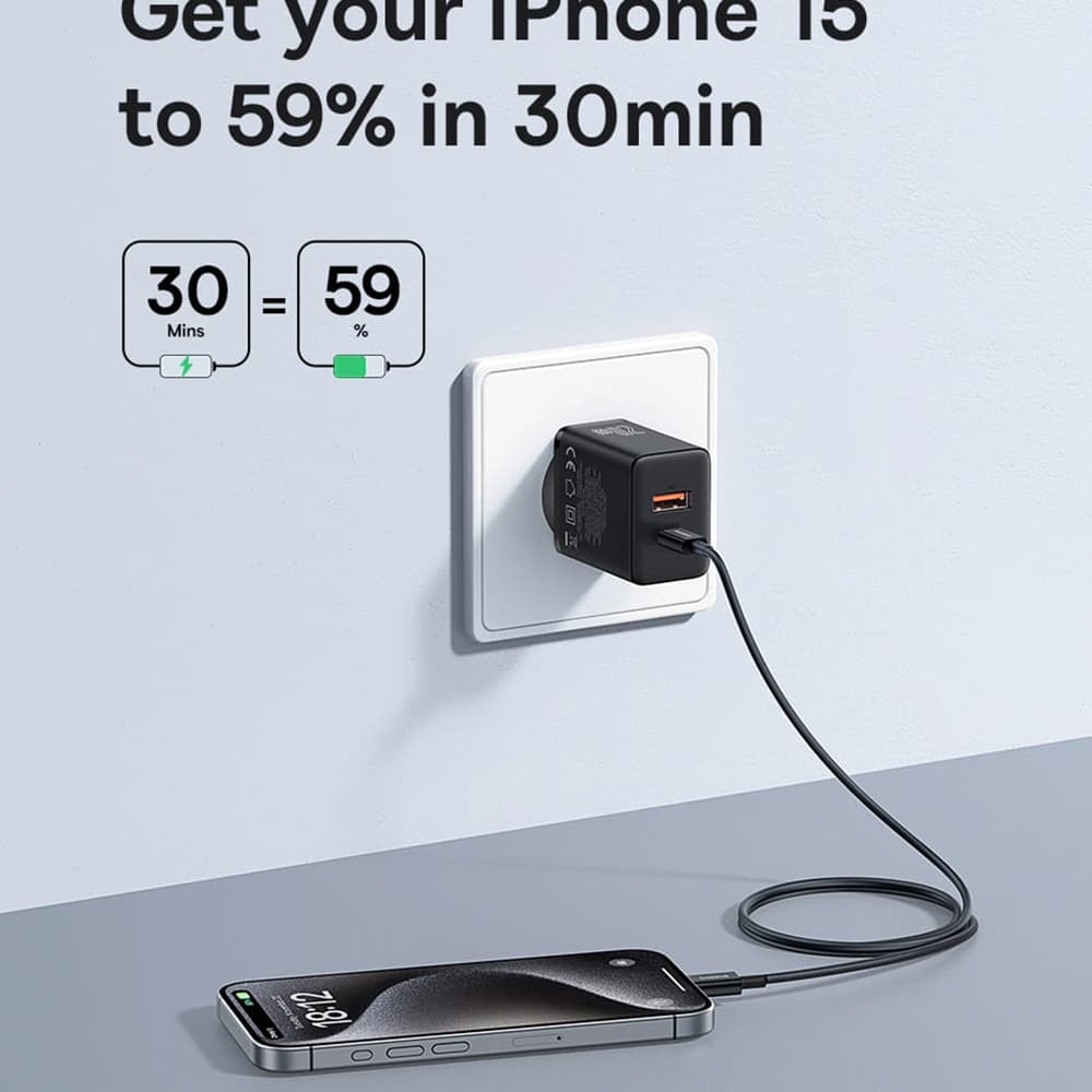 Baseus Nástěnná nabíječka USB-C Rychlonabíjení 20W Černá - náhled 5