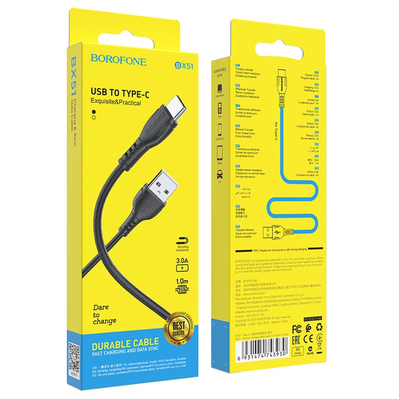 Kabel Borofone BX51 Triumph - USB na typ C - 3A 1 metr černý - náhled 5