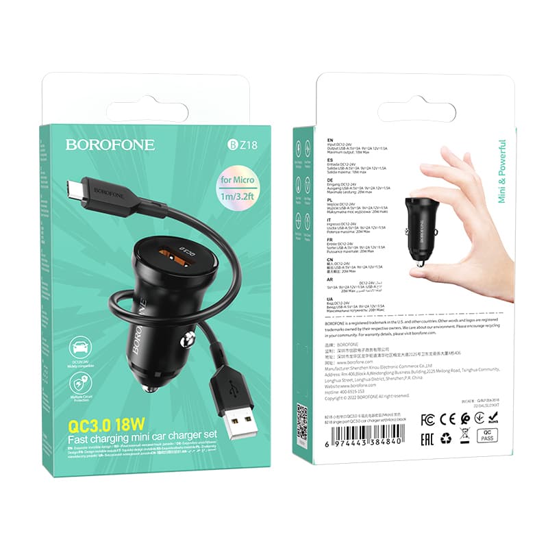 Rychlonabíječka do auta Borofone BZ18 vč. microUSB datového kabelu 18W černá - náhled 5