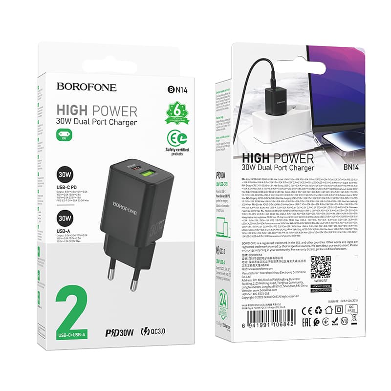 Adaptér Borofone BN14 s funkcí rychlonabíjení Dual 30W černý - náhled 5