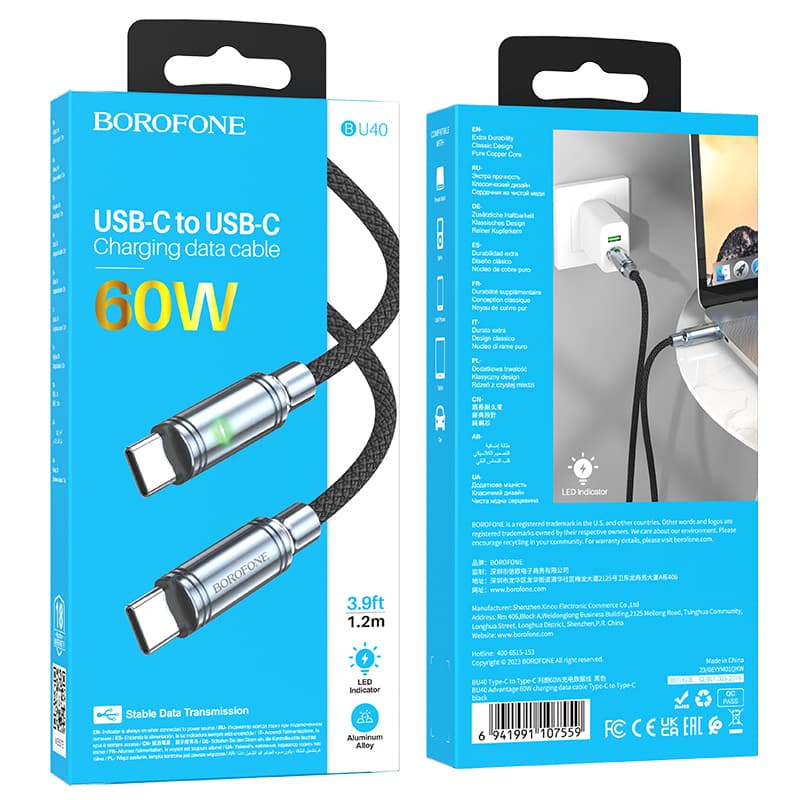Borofone kabel BU40 Advantage - Typ C na typ C - 60W 3A 1,2 metru černý - náhled 5