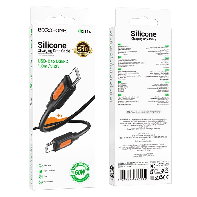 Datový kabel Borofone BX114 Structure USB-C - USB-C PD 60W 3A 1m černý - náhled 5