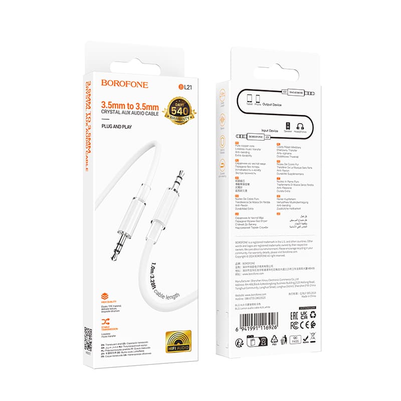 Kabel Borofone BL21 Lemon jack 3,5 mm - jack 3,5 mm 1m bílý - náhled 5