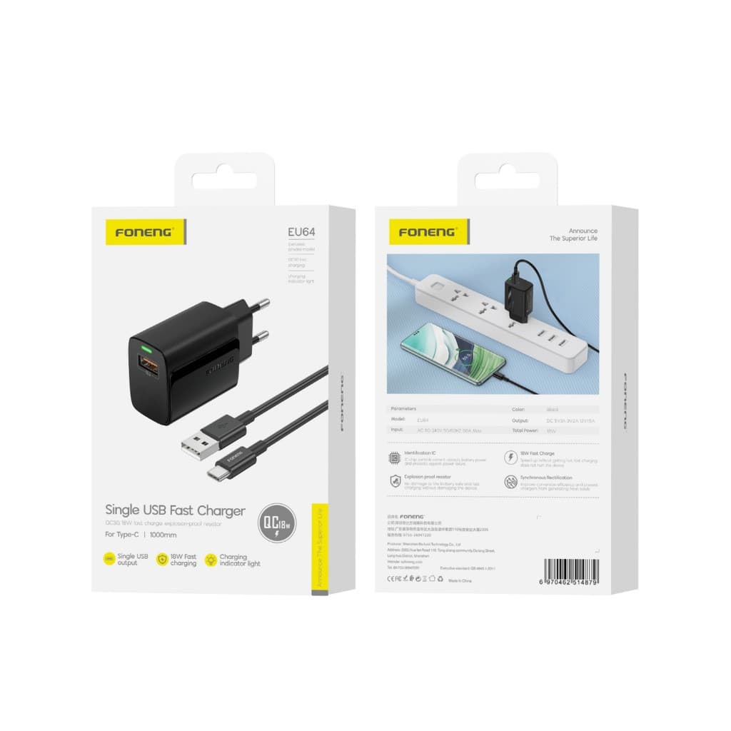 Rychlonabíječka Foneng EU64 s datovým kabelem USB-C 18W černá - náhled 5