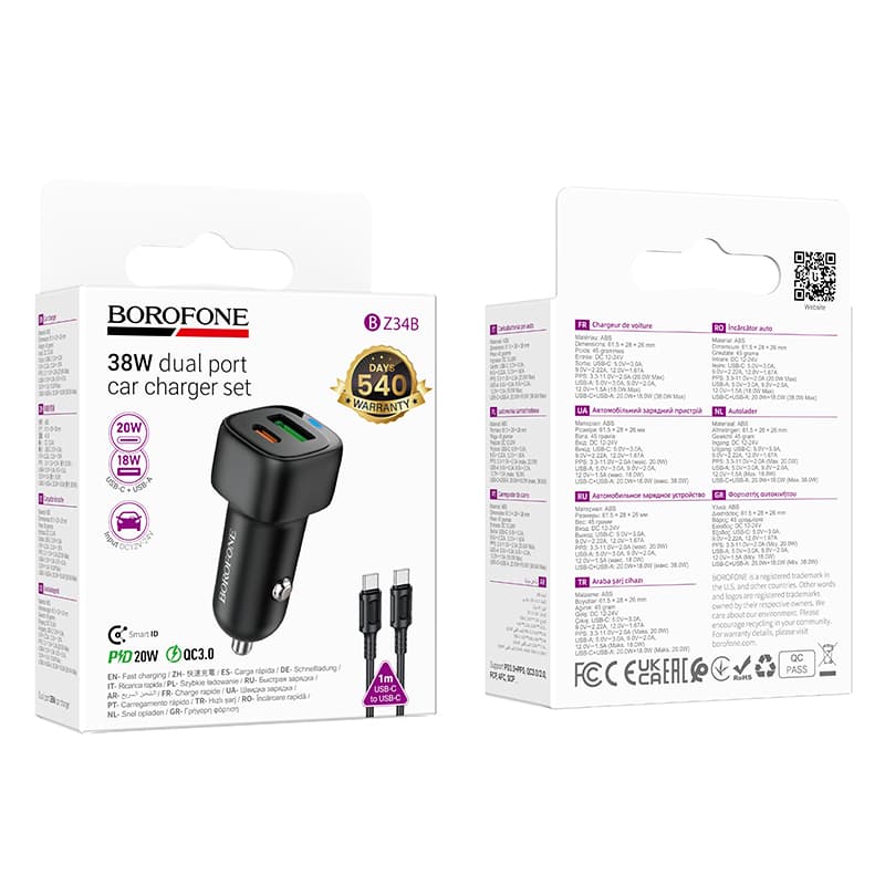 Rychlonabíječka do auta Borofone BZ34B Cloud s datovým kabelem USB-C 3.0 PD 38W černá - náhled 5