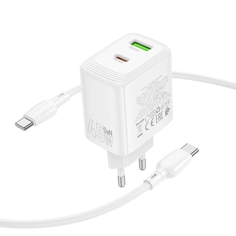 Rychlonabíječka Borofone BN30 Cargador GaN - USB + Type C QC 3.0 PD 45W s kabelem Type C bílá - náhled 5