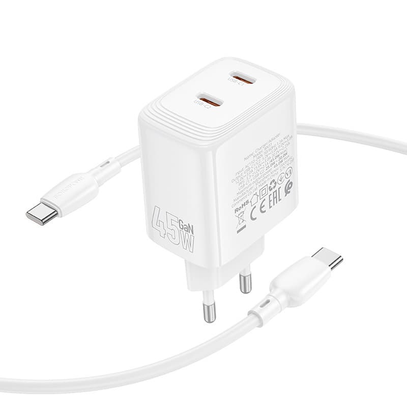 Rychlonabíječka Borofone BN31 Cargador GaN 2xType C - QC 3.0 PD 45W s kabelem Type C bílá - náhled 5