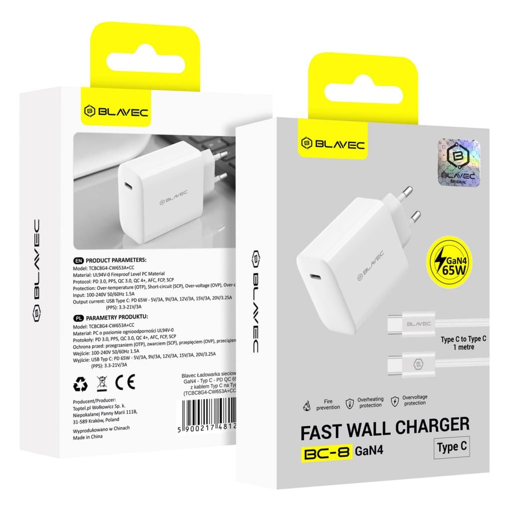 Nabíječka Blavec BC-8 GaN4 – typ C – PD QC 65W 3A s kabelem typ C na typ C (TCBC8G4-CW653A+CC) bílá - náhled 5