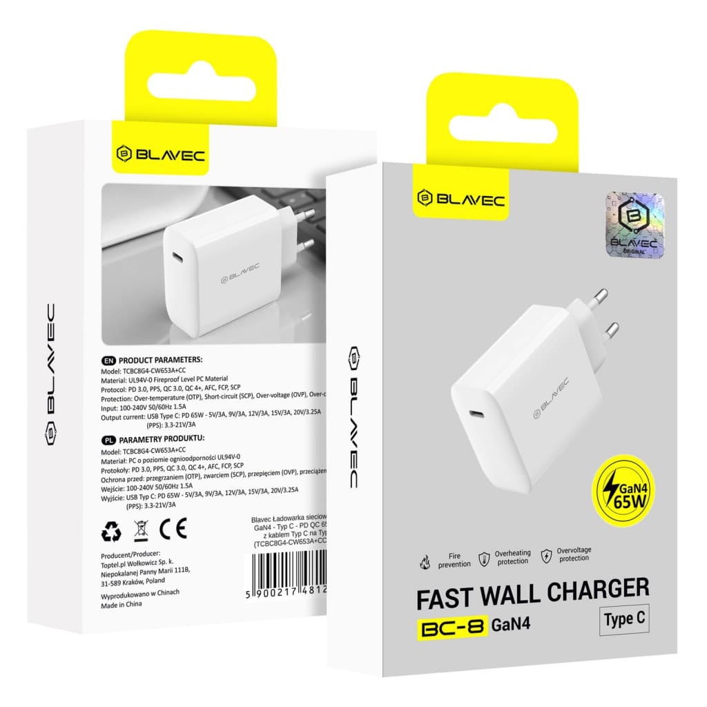 Adaptér Blavec BC-8 GaN4 - typ C - PD QC 65W 3A (TCBC8G4-CW653A) bílý - náhled 4