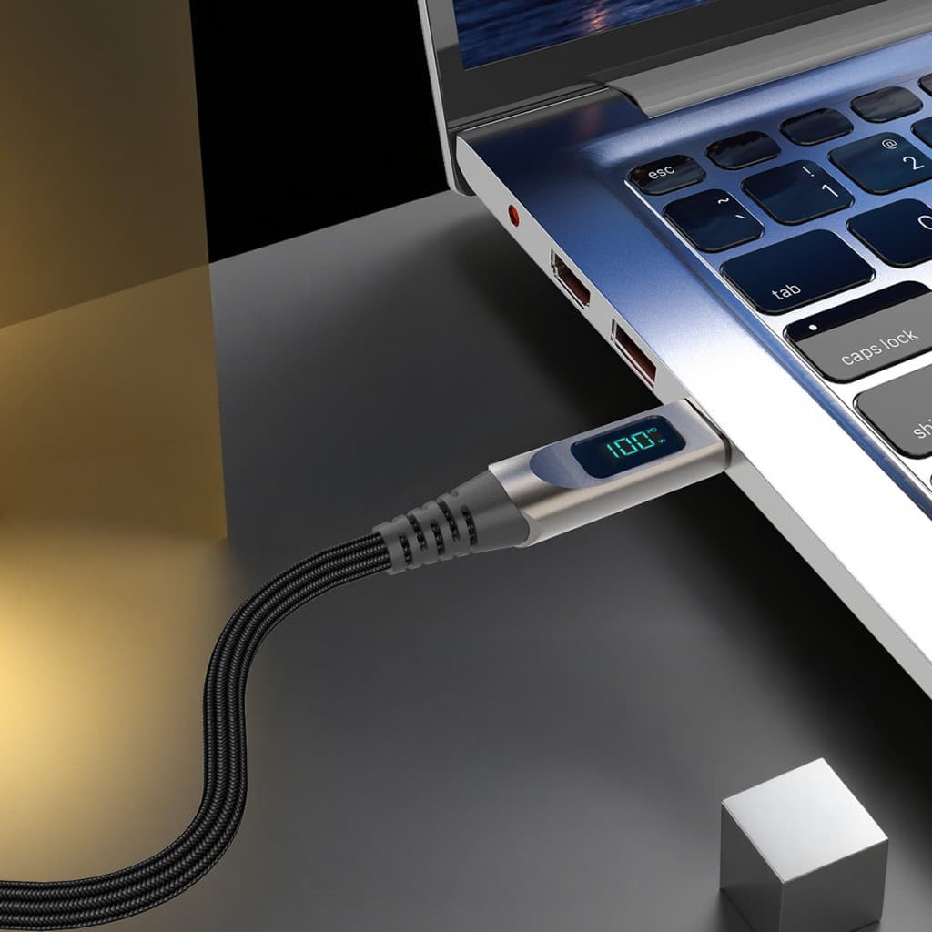Opletený kabel Blavec Lumix - Typ C na Typ C - PD 100W 5A s LED displejem 1,2 metru Apple CarPlay/Android Auto (CLU-CC5BG12) černošedý - náhled 5