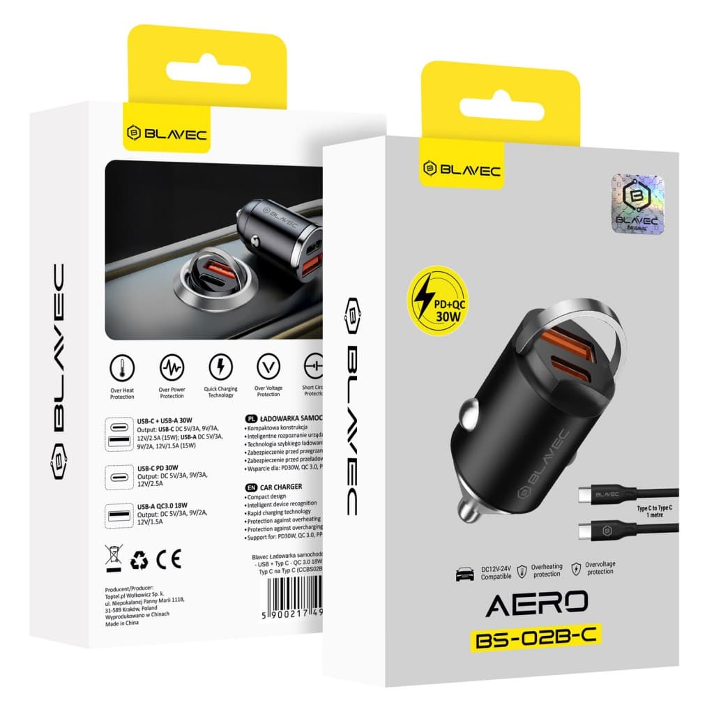 Rychlonabíječka do auta Blavec BS-02B-C Aero 30W s kabelem USB-C černá - náhled 3