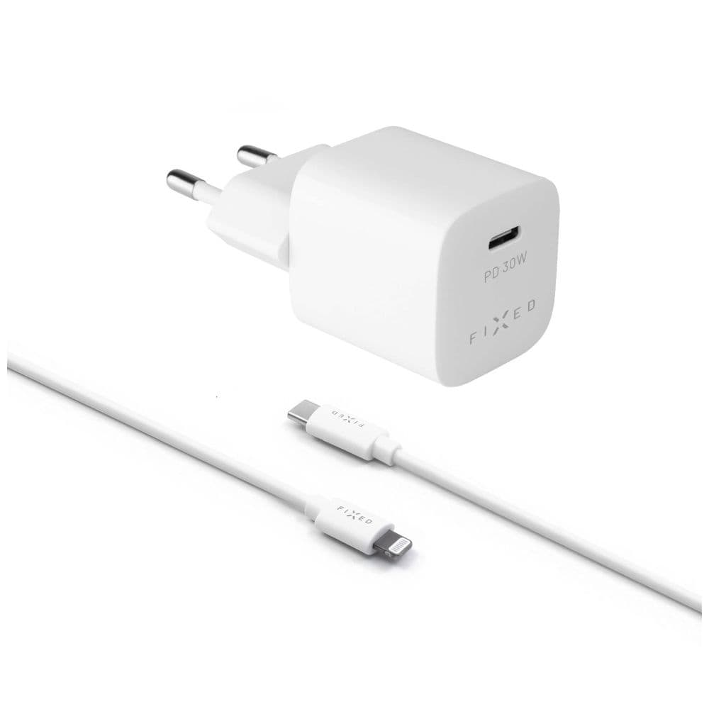 Set síťové nabíječky FIXED Mini s USB-C výstupem a USB-C/Lightning kabelu, podpora PD, 1.2 metr, MFI, 30W, bílý - náhled 2