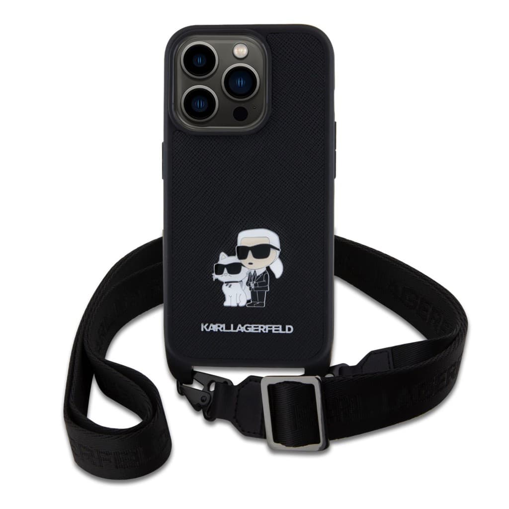 Karl Lagerfeld Saffiano Crossbody Metal Karl and Choupette Zadní Kryt pro iPhone 15 Pro Black - náhled 2