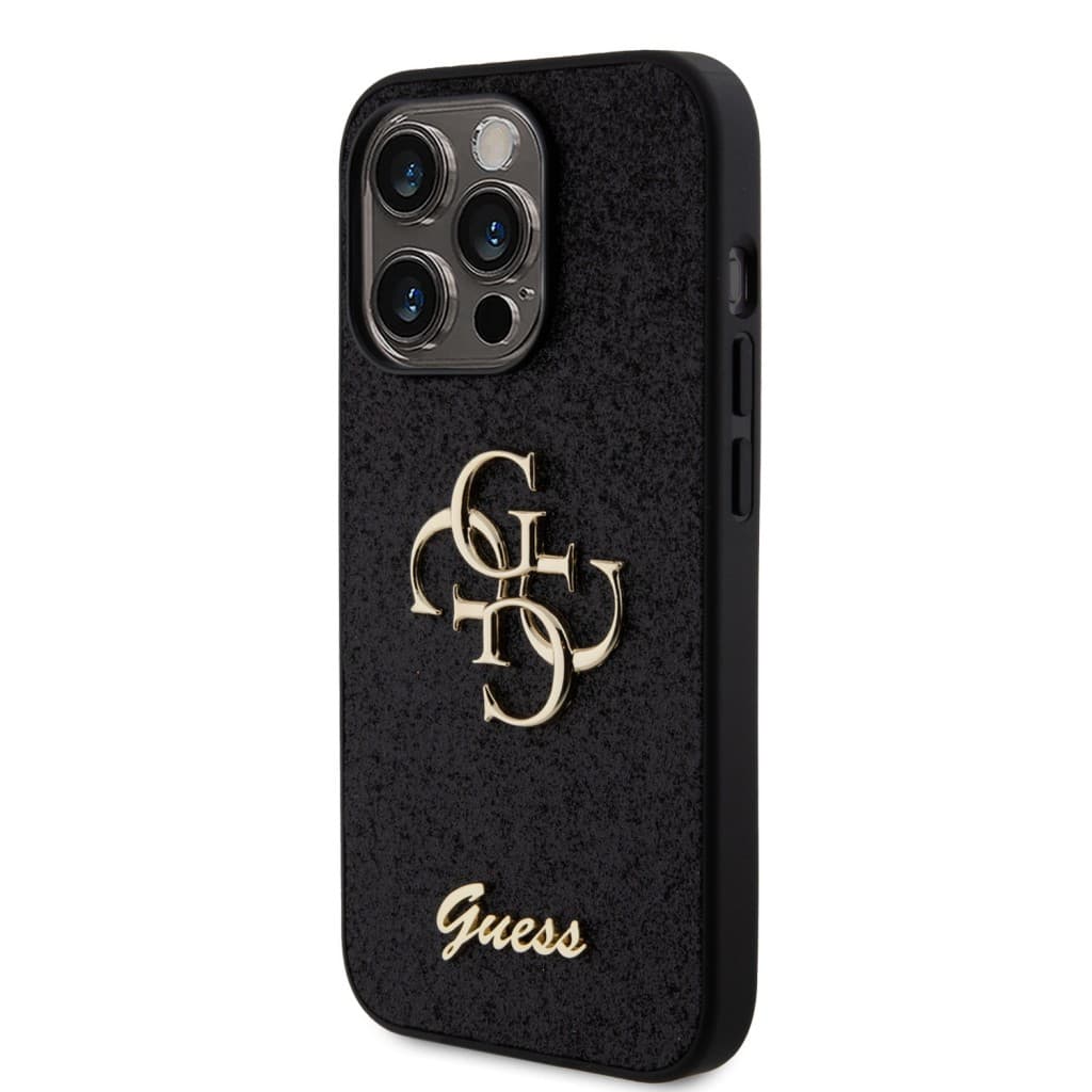 Guess PU Fixed Glitter 4G Metal Logo Zadní Kryt pro iPhone 15 Pro Black - náhled 2