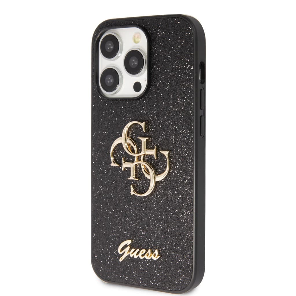 Guess PU Fixed Glitter 4G Metal Logo Zadní Kryt pro iPhone 15 Pro Max Black - náhled 2
