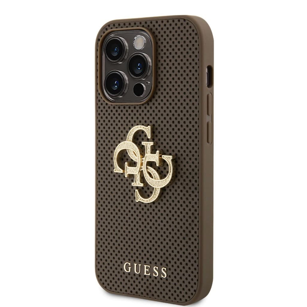 Guess PU Perforated 4G Glitter Metal Logo Zadní Kryt pro iPhone 15 Pro Taupe - náhled 2