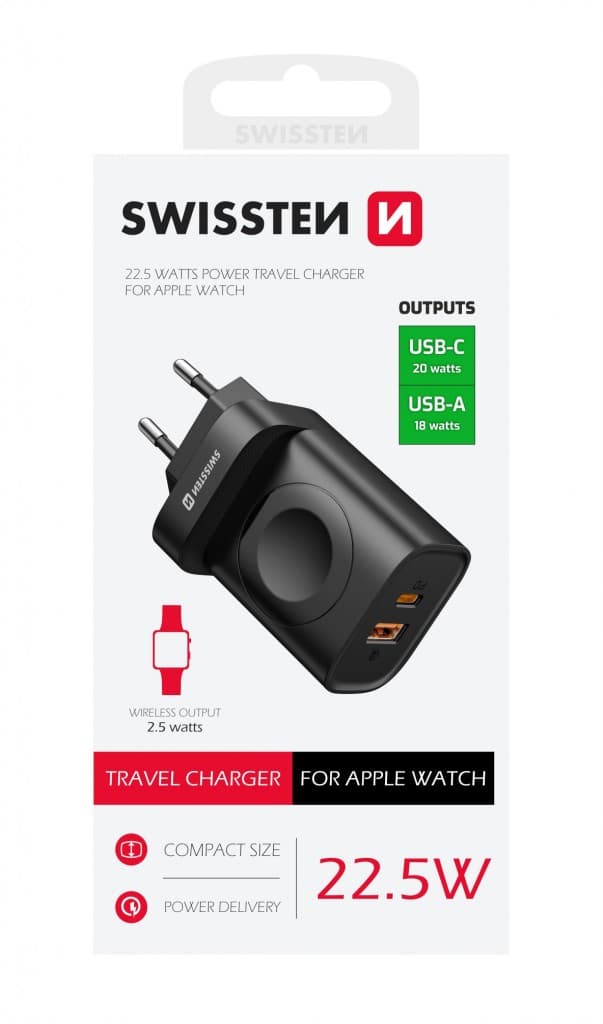 Adaptér Swissten s funkcí rychlonabíjení 1x USB-A, 1x USB-C a Apple Watch 20W černý - náhled 2