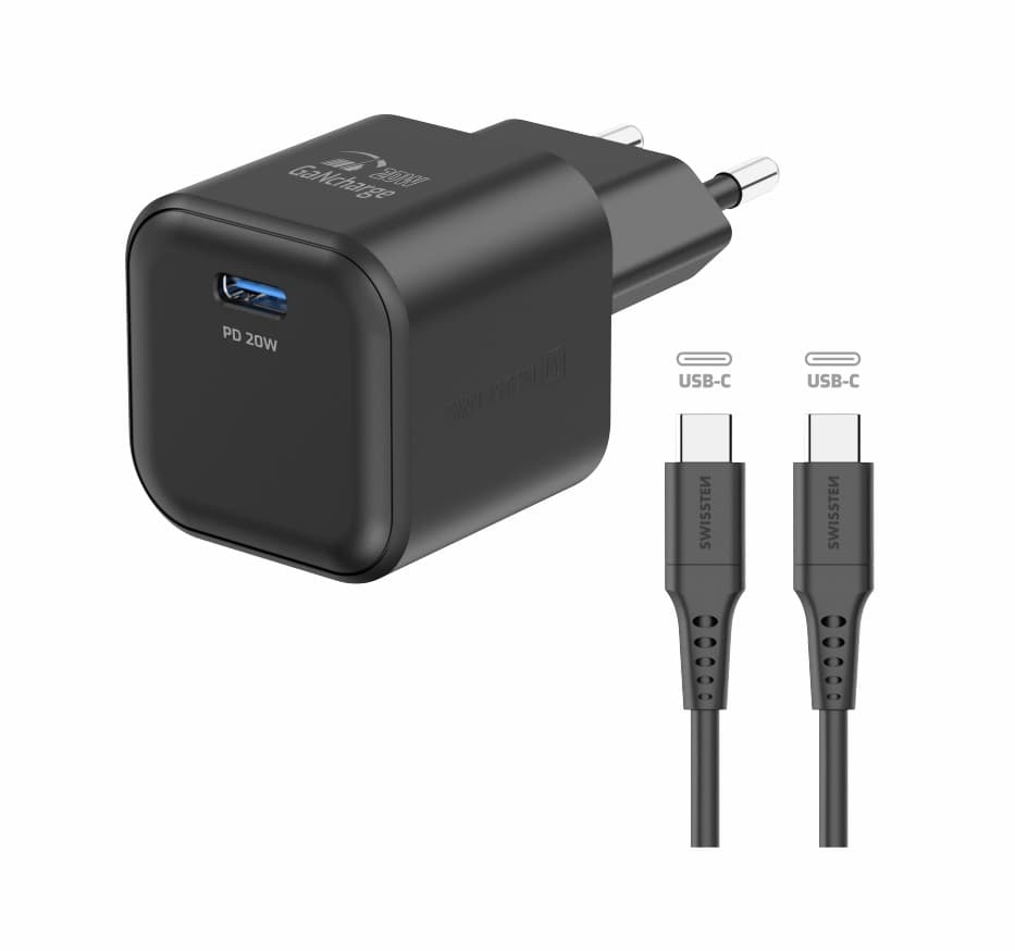 Rychlonabíječka Swissten vč. datového kabelu USB-C 1.2m 20W černá - náhled 2