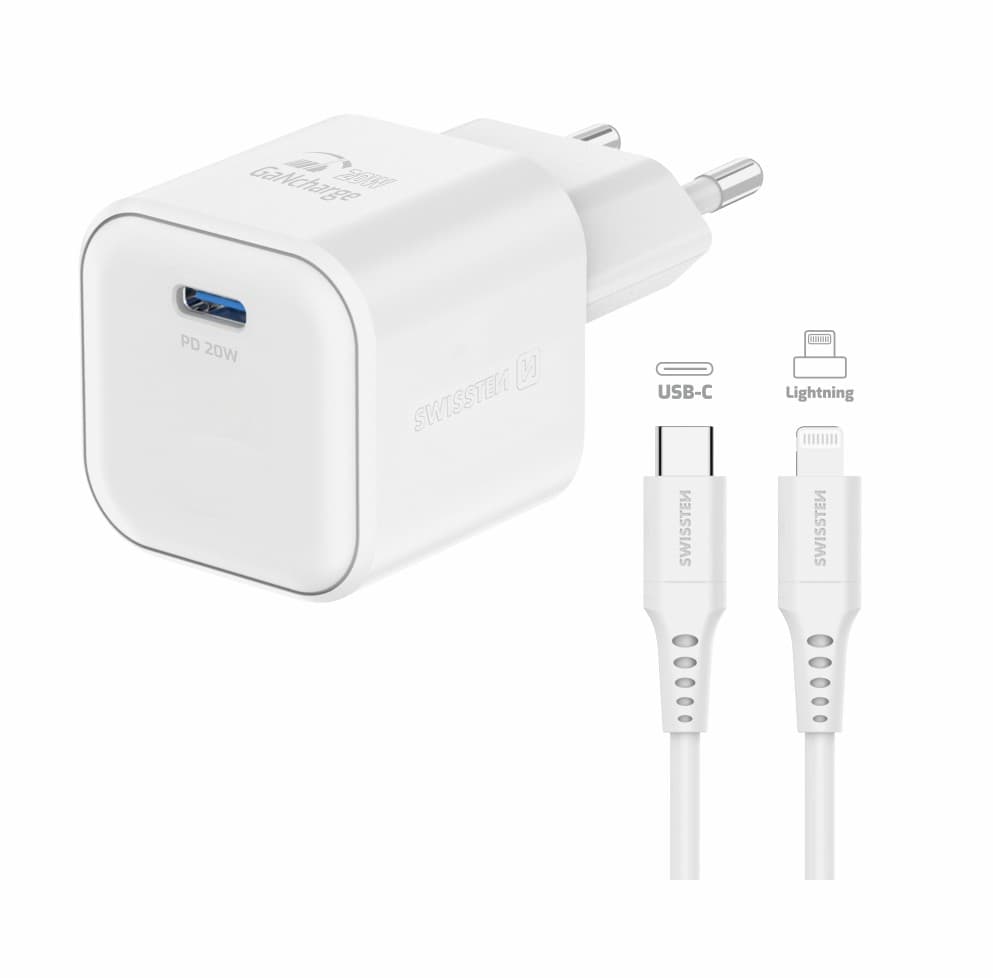 Rychlonabíječka Swissten vč. datového kabelu Lightning 1.2m 20W bílá - náhled 2