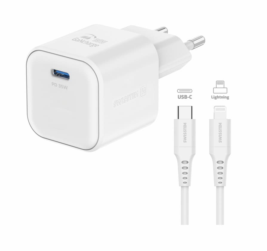 Rychlonabíječka Swissten vč. datového kabelu Lightning 1.2m 35W bílá - náhled 2