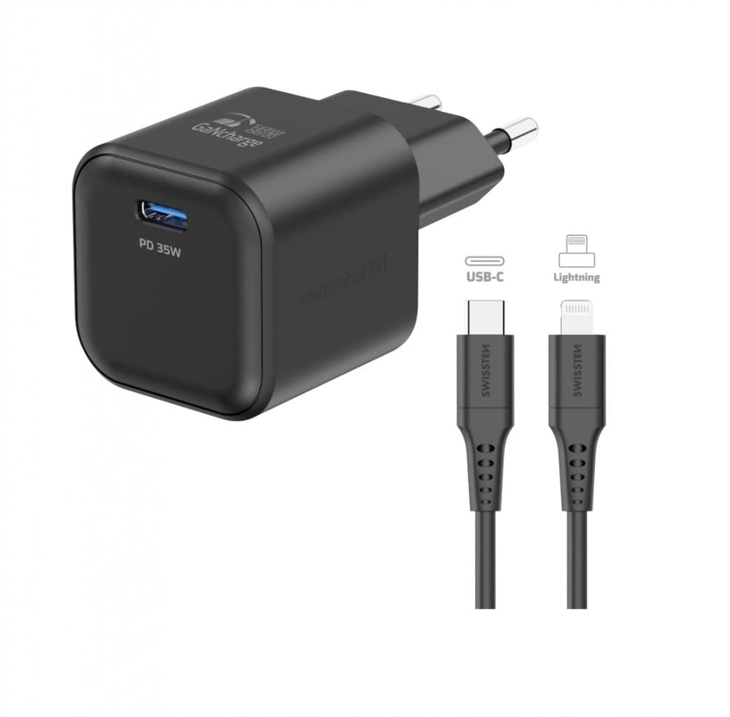 Rychlonabíječka Swissten vč. datového kabelu Lightning 1.2m 35W černá - náhled 2