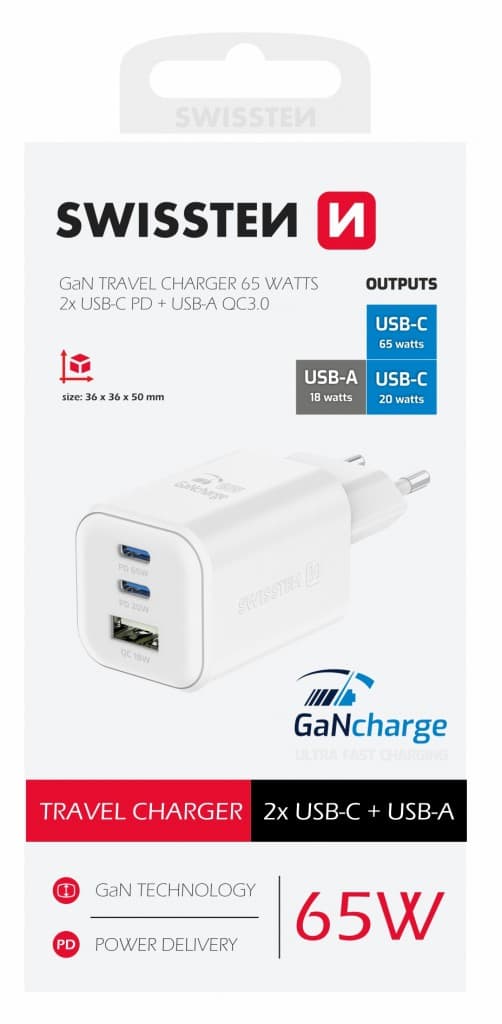 Adaptér Swissten s funkcí rychlonabíjení 1x USB-A, 2X USB-C 65W bílý - náhled 2