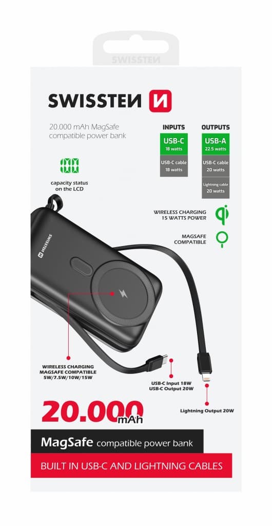 Powerbanka Swissten 20000 mAh s funkcí rychlonabíjení 20W s kabely USB-C a Lightning (kompatibilní s magsafe) - náhled 2