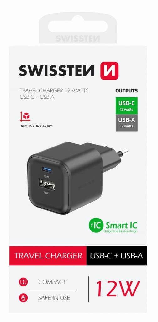 Adaptér Swissten 12W USB-A, USB-C černý - náhled 2