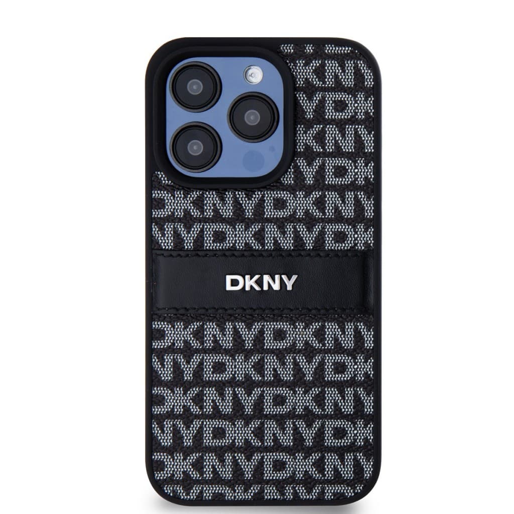 Zadní Kryt DKNY PU Leather Repeat Pattern Tonal Stripe na iPhone 15 Pro černý - náhled 2