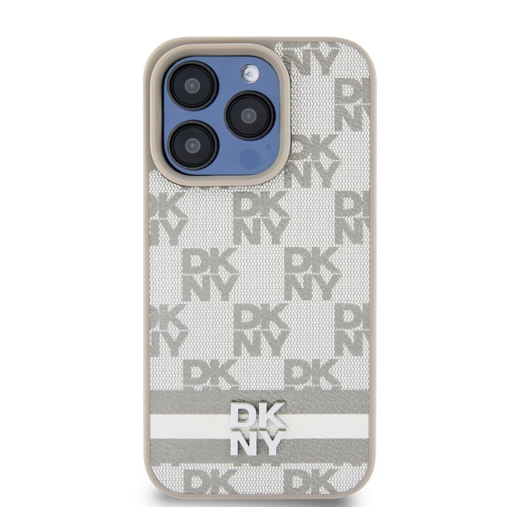 Zadní Kryt DKNY PU Leather Checkered Pattern and Stripe na iPhone 14 Pro Max Beige - náhled 2
