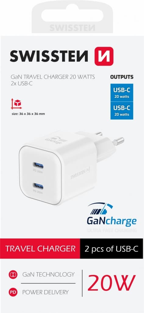 Adaptér Swissten Gan 2x USB-C 20W s funkcí rychlonabíjení bílý - náhled 2