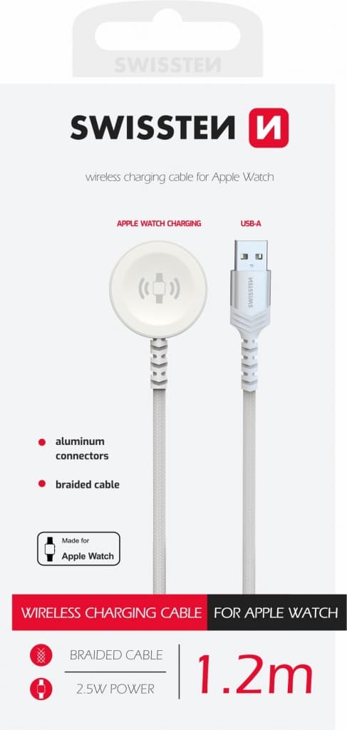 Opletený magnetický kabel Swissten pro Apple Watch kovový, USB-A 1.2 m bílý - náhled 2