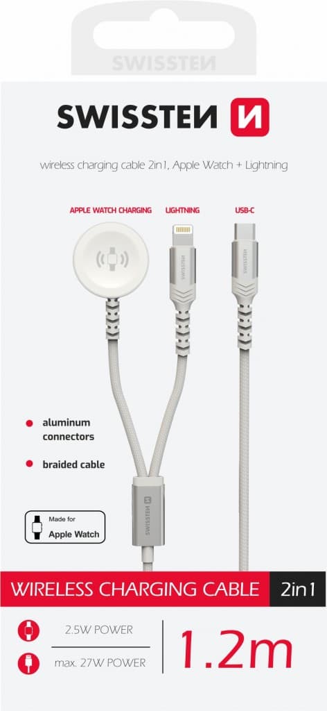 Magnetický kabel opletený Swissten 2v1 pro Apple Watch a Lightning, USB-C 1.2 m bílý - náhled 2