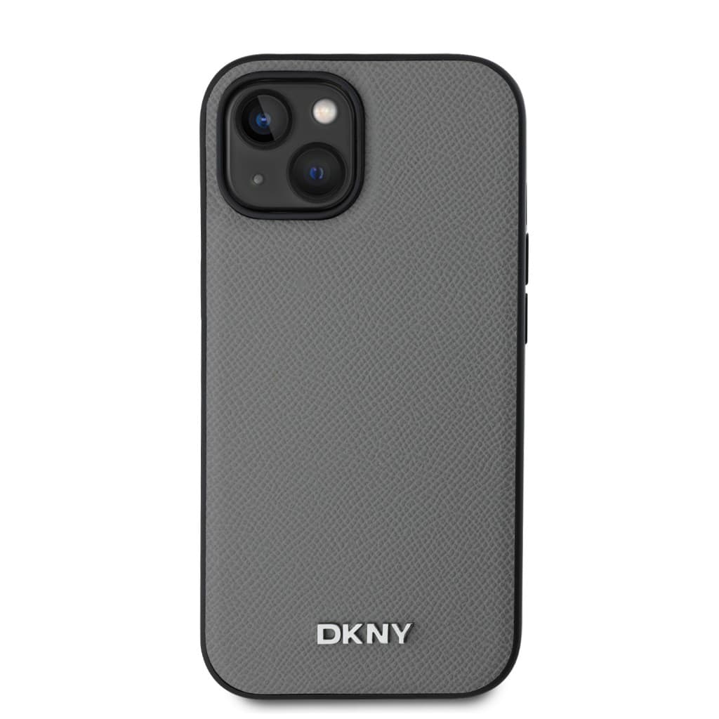Zadní Kryt DKNY PU Leather Silver Metal Logo Magsafe pro iPhone 14 Grey - náhled 2